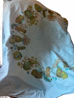 Vintage 1960s Tablecloth Turquoise Green Kitchen Farmhouse 58x78